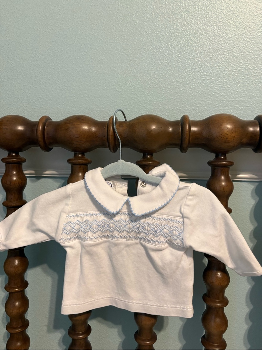 Magnolia Baby Baby Boy Long-Sleeve White Top with Blue Smocking